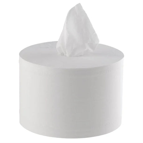White tissue roll with a tissue peeking out on a white background