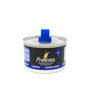 A can of Preema Liquid Chafing Fuel with a blue lid, labeled for use with camping and chafing dishes.