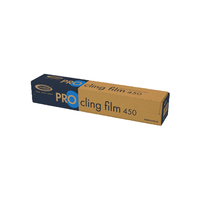 A box of cling film roll marked 450mm,  containing a large roll of food wrapping film.