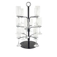 A black cocktail tree stand with multiple arms, each holding a clear glass, designed to display various cocktails.