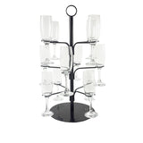 A black cocktail tree stand with multiple arms, each holding a clear glass, designed to display various cocktails.