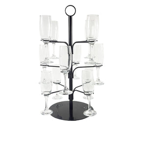A black cocktail tree stand with multiple arms, each holding a clear glass, designed to display various cocktails.