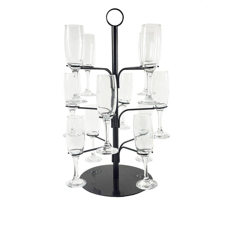 A black cocktail tree stand with multiple arms, each holding a clear glass, designed to display various cocktails.