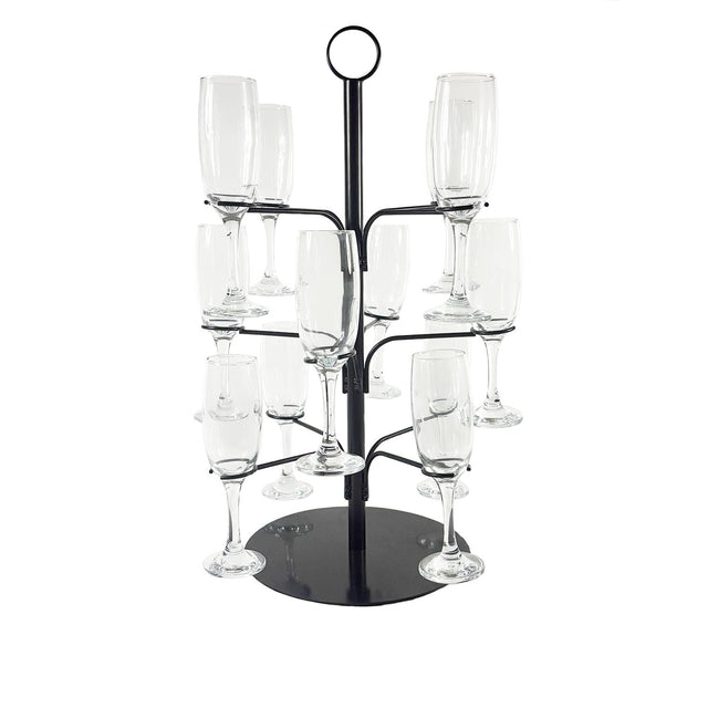 A black cocktail tree stand with multiple arms, each holding a clear glass, designed to display various cocktails.