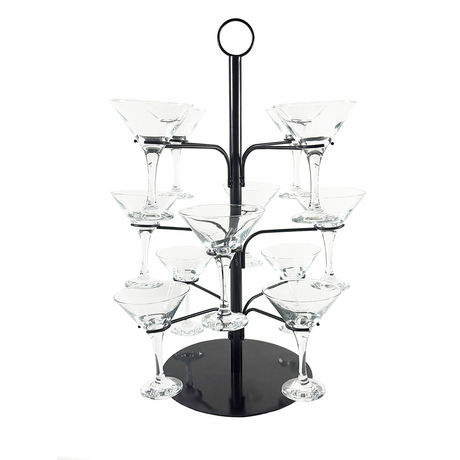 A black cocktail tree stand with multiple arms holding clear martini glasses, standing on a circular base.