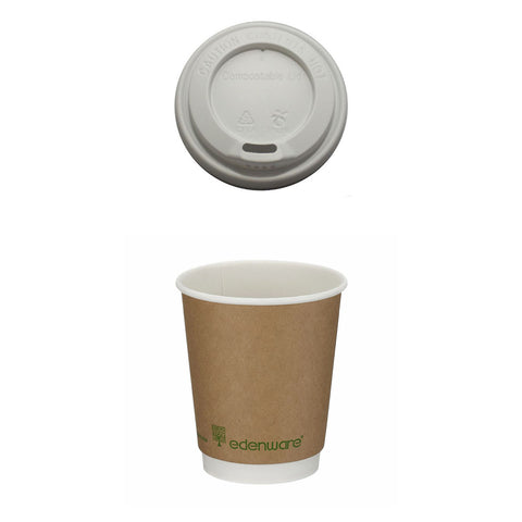 Brown paper cup with a white lid on a white background, featuring the 'edenware' brand.