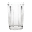 A clear glass tumbler with a geometric cut design.