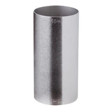 A stainless steel jigger with dual 25ml and 50ml measure markings.