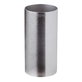 A stainless steel jigger with dual 25ml and 50ml measure markings.
