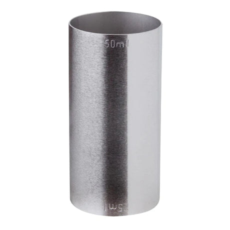 A stainless steel jigger with dual 25ml and 50ml measure markings.