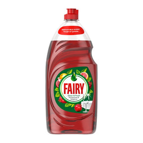 Red bottle of Fairy dishwashing liquid on a white background