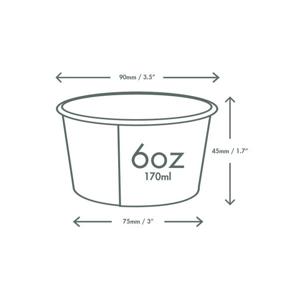 Measurement chart of a 6oz container with dimensions labeled.