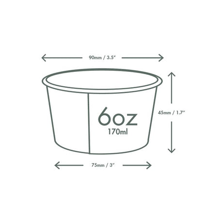 Measurement chart of a 6oz container with dimensions labeled.
