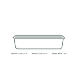 Line drawing of a rectangular container with dimensions labeled