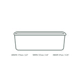 Line drawing of a rectangular container with dimensions labeled