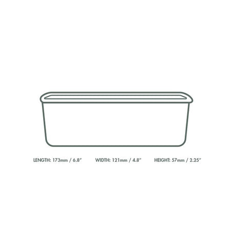 Line drawing of a rectangular container with dimensions labeled