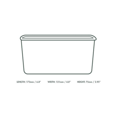 Line drawing of a rectangular container with dimensions labeled