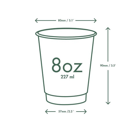 8 oz cup with dimensions labeled on a white background