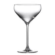 A clear coupe-style wine glass with a slim stem and a wide, angular bowl.