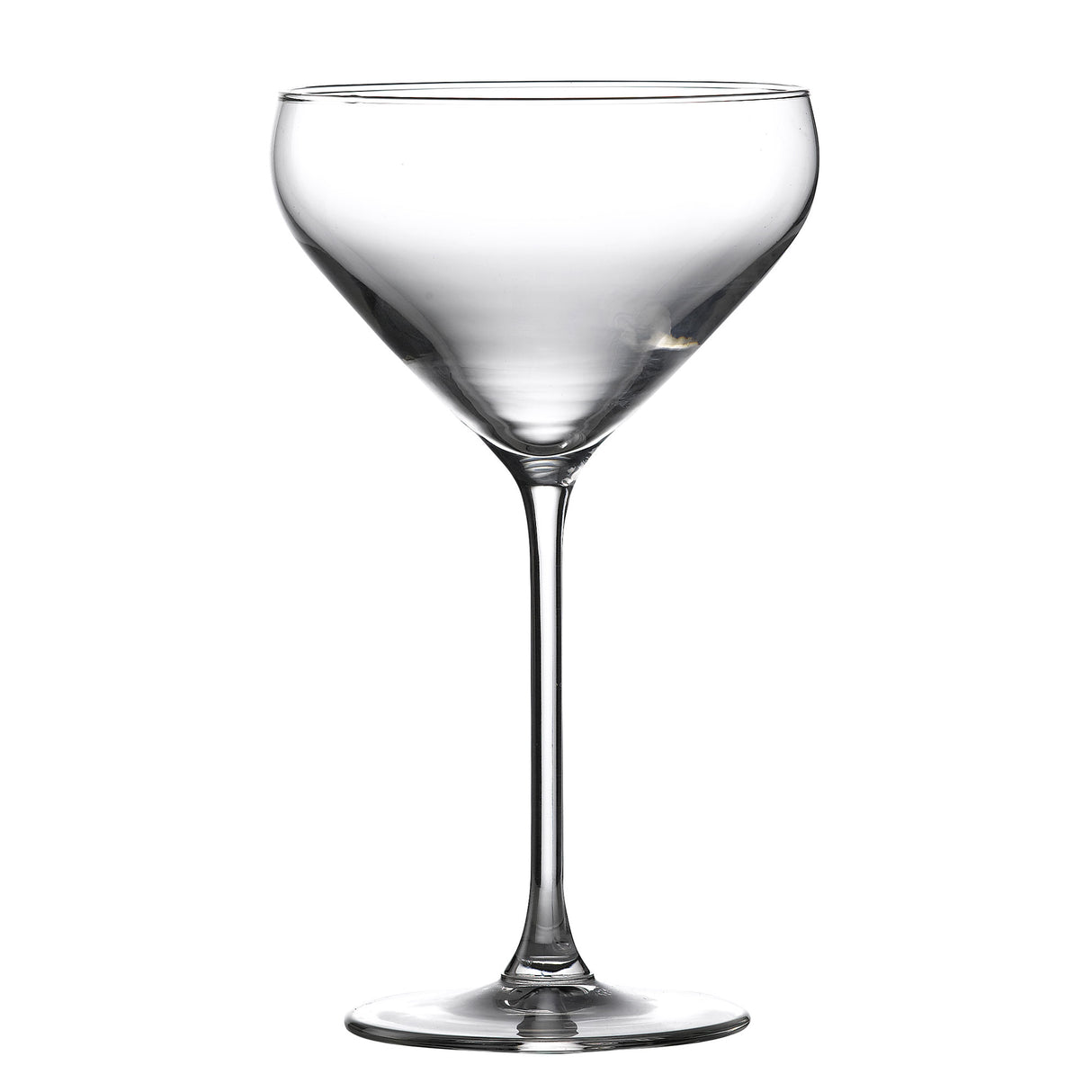 A clear coupe-style wine glass with a slim stem and a wide, angular bowl.