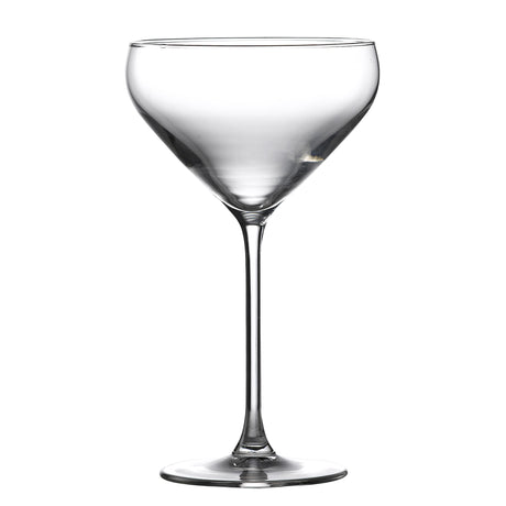 A clear coupe-style wine glass with a slim stem and a wide, angular bowl.