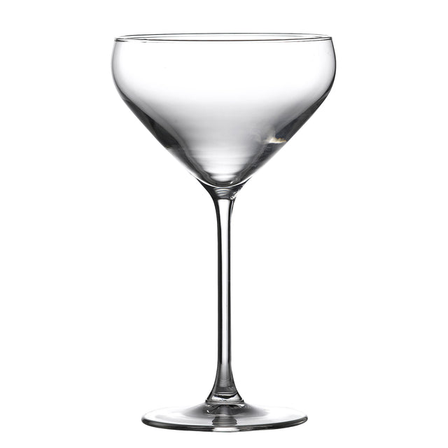 A clear coupe-style wine glass with a slim stem and a wide, angular bowl.