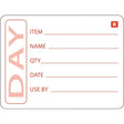 White label with red text and lines for item details on a white background