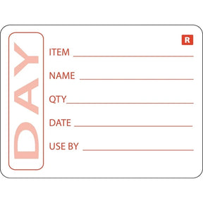 White label with red text and lines for item details on a white background