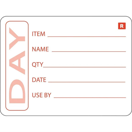 White label with red text and lines for item details on a white background
