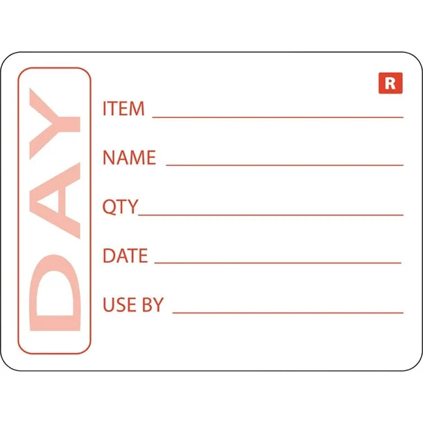 White label with red text and lines for item details on a white background