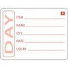 White label with red text and lines for item details on a white background