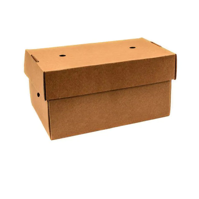 A brown cardboard burger and chip box with ventilation holes on the lid.
