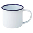 A white enamel mug with a blue rim and handle on the right side, isolated on a white background.