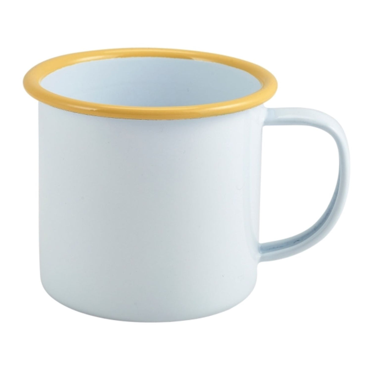 White mug with a yellow rim on a white background