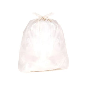 A clear, extra heavy duty garbage sack with a tie fastening at the top, made from recycled plastic.