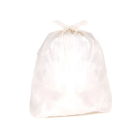 A clear, extra heavy duty garbage sack with a tie fastening at the top, made from recycled plastic.