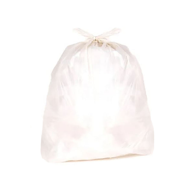 A clear, extra heavy duty garbage sack with a tie fastening at the top, made from recycled plastic.