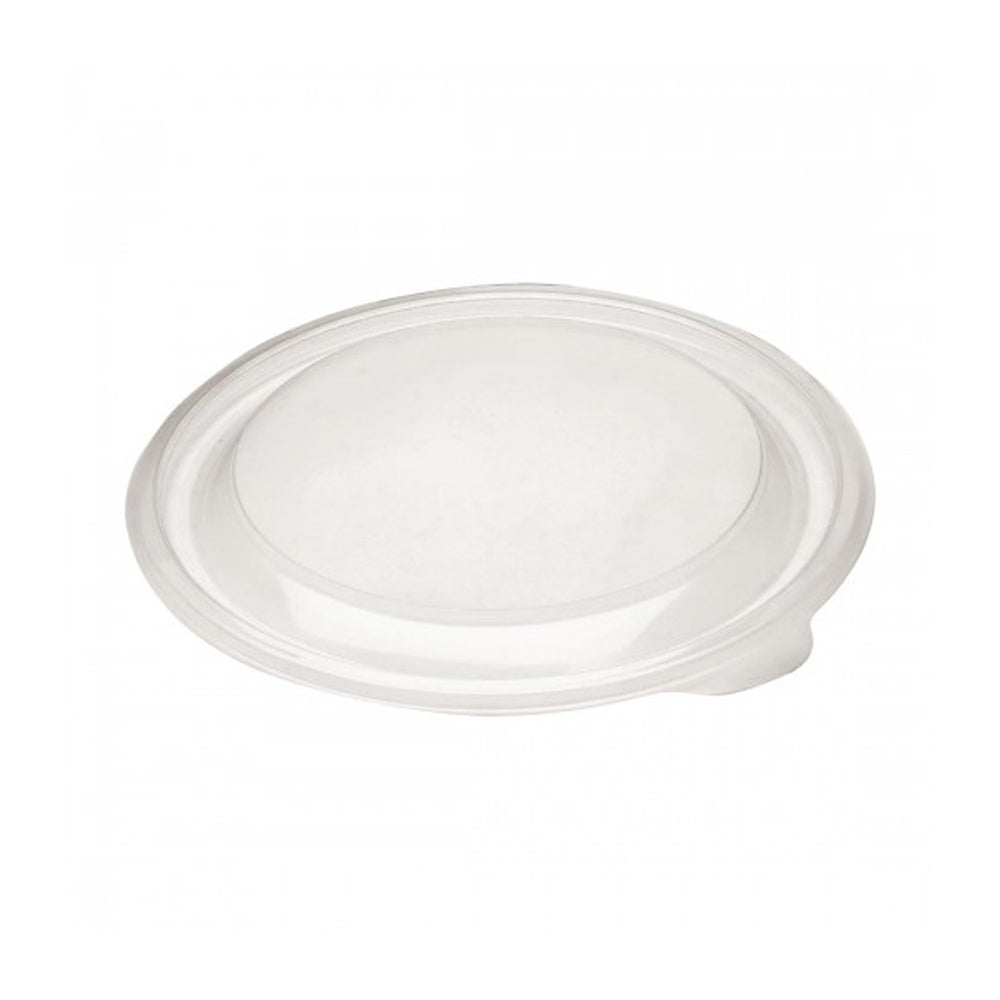 A clear round polypropylene lid designed to fit specific round back containers.