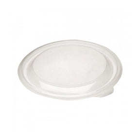 A clear round polypropylene lid designed to fit specific round back containers.