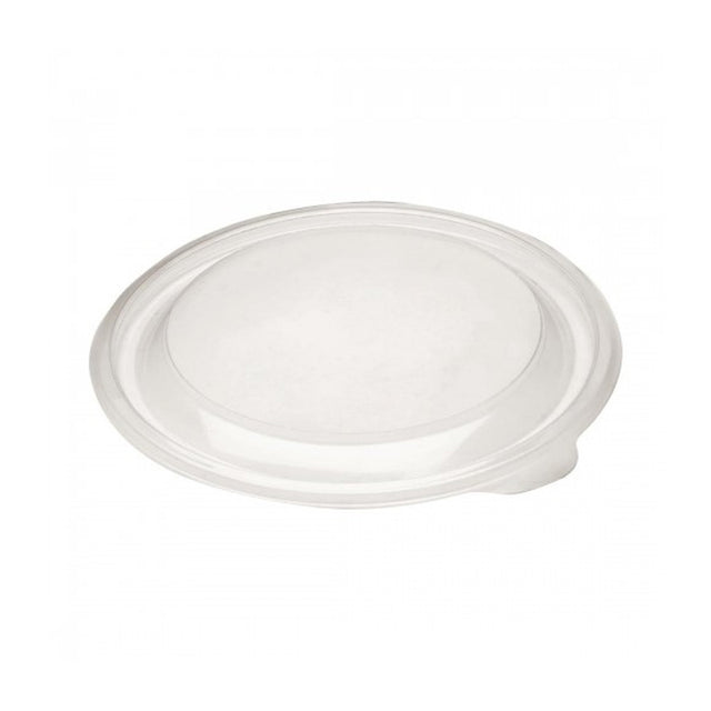 A clear round polypropylene lid designed to fit specific round back containers.