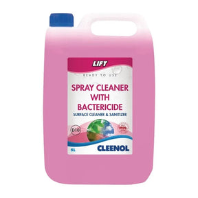 Pink spray cleaner with bactericide label on a white background