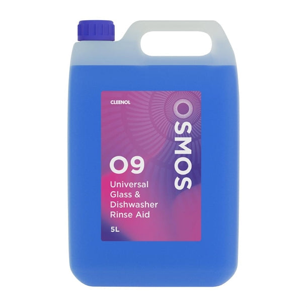 Blue container of Osmos 09 Universal Glass & Dishwasher Rinse Aid on a white background