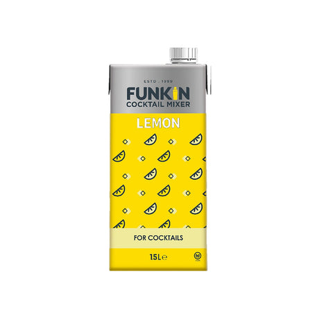 A 1.5 liter bottle of Funkin Lemon Mixer with a yellow label featuring black lemon slice illustrations.