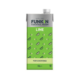 A 1.5 liter bottle of Funkin Lime Mixer for cocktails, with a green label featuring lime illustrations.