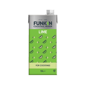 A 1.5 liter bottle of Funkin Lime Mixer for cocktails, with a green label featuring lime illustrations.