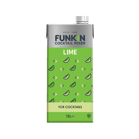 A 1.5 liter bottle of Funkin Lime Mixer for cocktails, with a green label featuring lime illustrations.