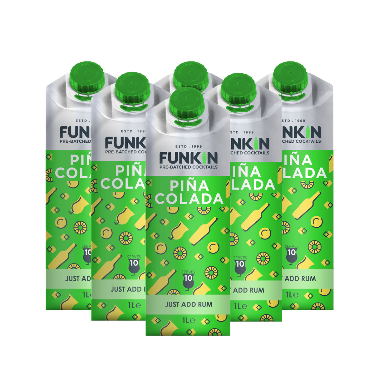Six pouches of Funkin Pina Colada Cocktail Mixer, each labeled with the product name and the instruction 'Just add rum'. The packaging is predominantly green with images of coconuts and pineapples and text detailing the product volume of 1 litre.