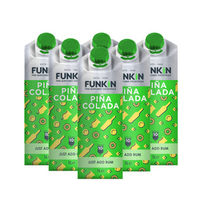 Six pouches of Funkin Pina Colada Cocktail Mixer, each labeled with the product name and the instruction 'Just add rum'. The packaging is predominantly green with images of coconuts and pineapples and text detailing the product volume of 1 litre.