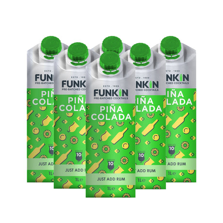 Six pouches of Funkin Pina Colada Cocktail Mixer, each labeled with the product name and the instruction 'Just add rum'. The packaging is predominantly green with images of coconuts and pineapples and text detailing the product volume of 1 litre.