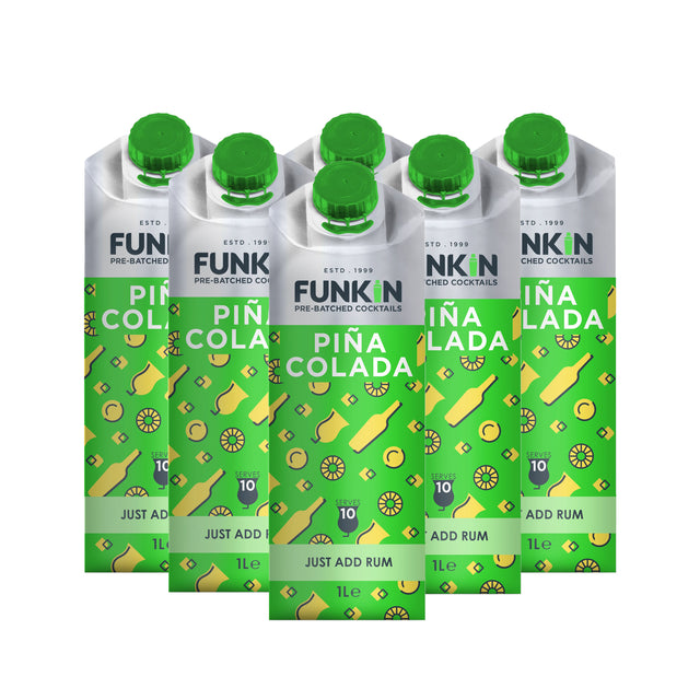 Six pouches of Funkin Pina Colada Cocktail Mixer, each labeled with the product name and the instruction 'Just add rum'. The packaging is predominantly green with images of coconuts and pineapples and text detailing the product volume of 1 litre.